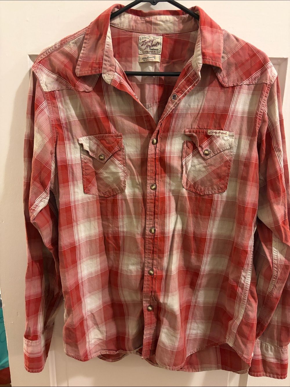 Lucky Brand Red and White Plaid Snap Button-Down Shirt